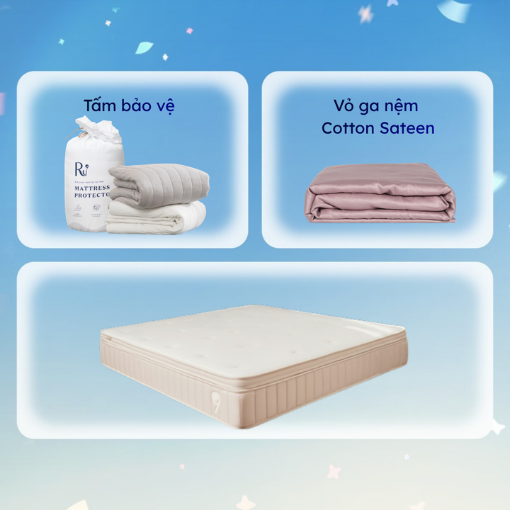 Combo Nệm Hybrid + Tấm Bảo Vệ + Vỏ Ga Cotton Sateen