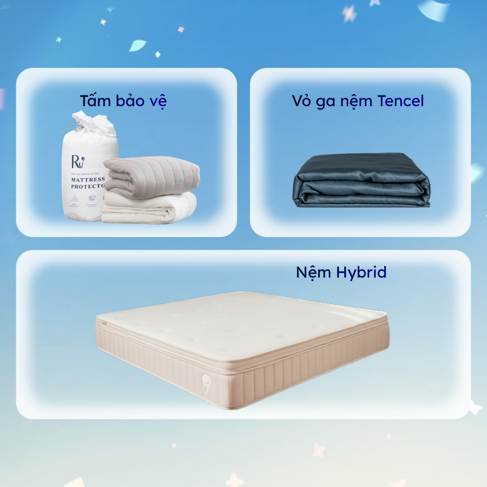 Combo Nệm Hybrid + Tấm Bảo Vệ + Vỏ Ga Tencel