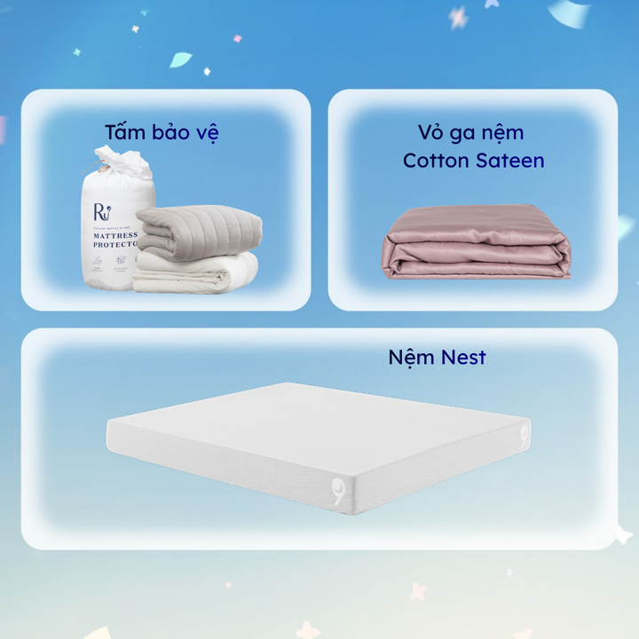 Combo Nệm Nest + Tấm Bảo Vệ + Vỏ Ga Cotton Sateen